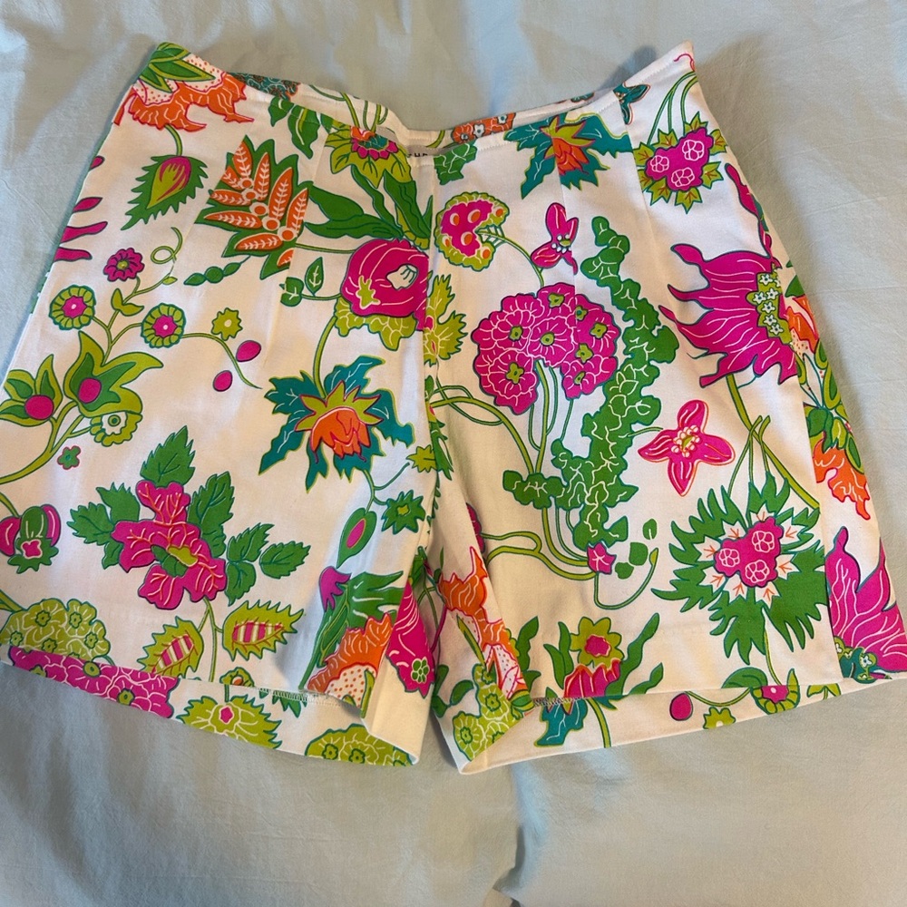 Gretchen Scott Designs White and Pink Bermuda Shorts with Floral Print
